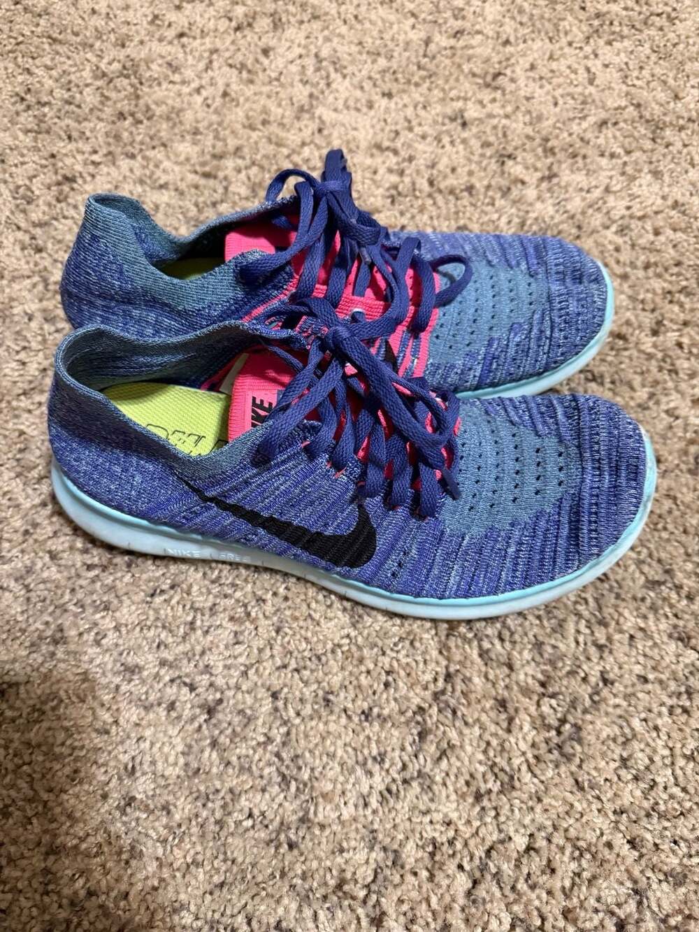 Nike Free RN Flyknit Women's Running Shoes Blue and Pink - Picture 3 of 8
